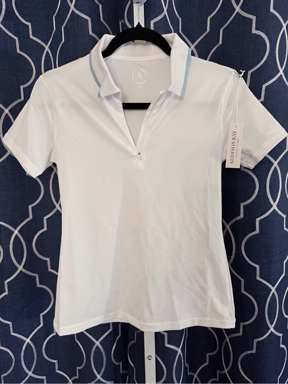 Addison Bay White Polo Top with Light Blue Collar Trim H6